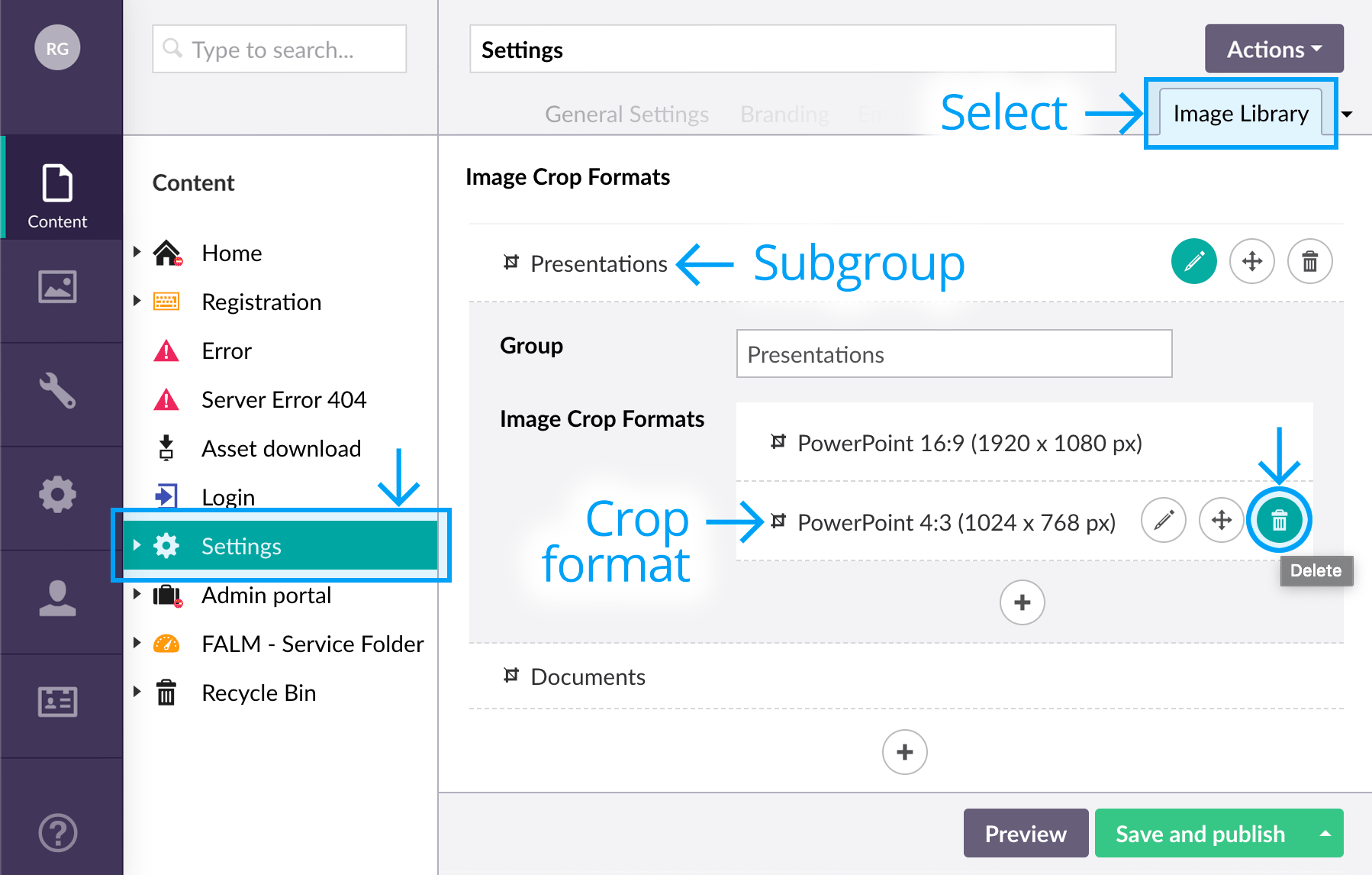 Delete an image crop format or group