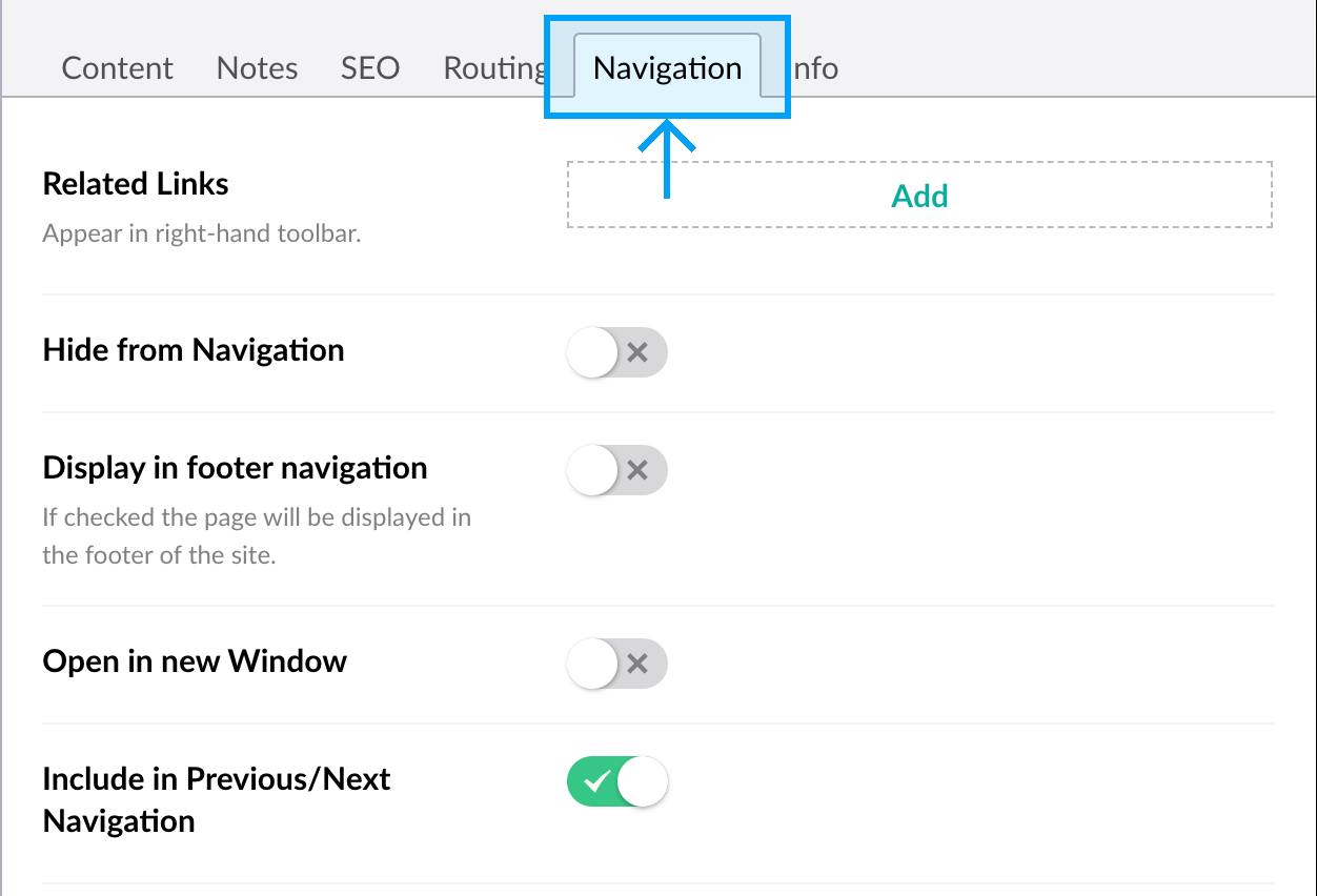 Navigation tab properties and settings
