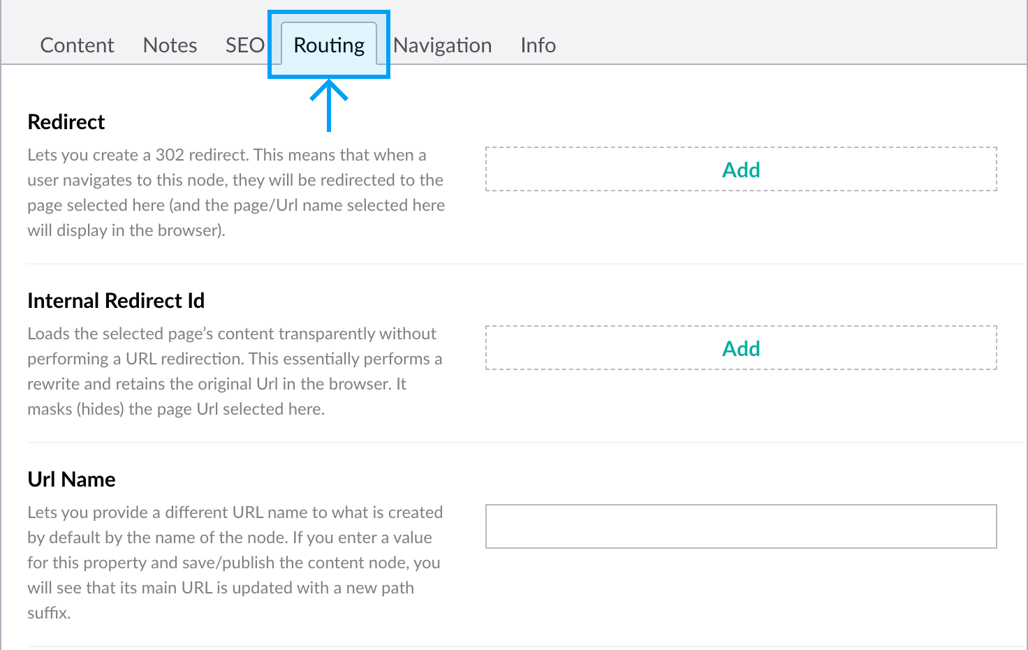 The routing tab properties