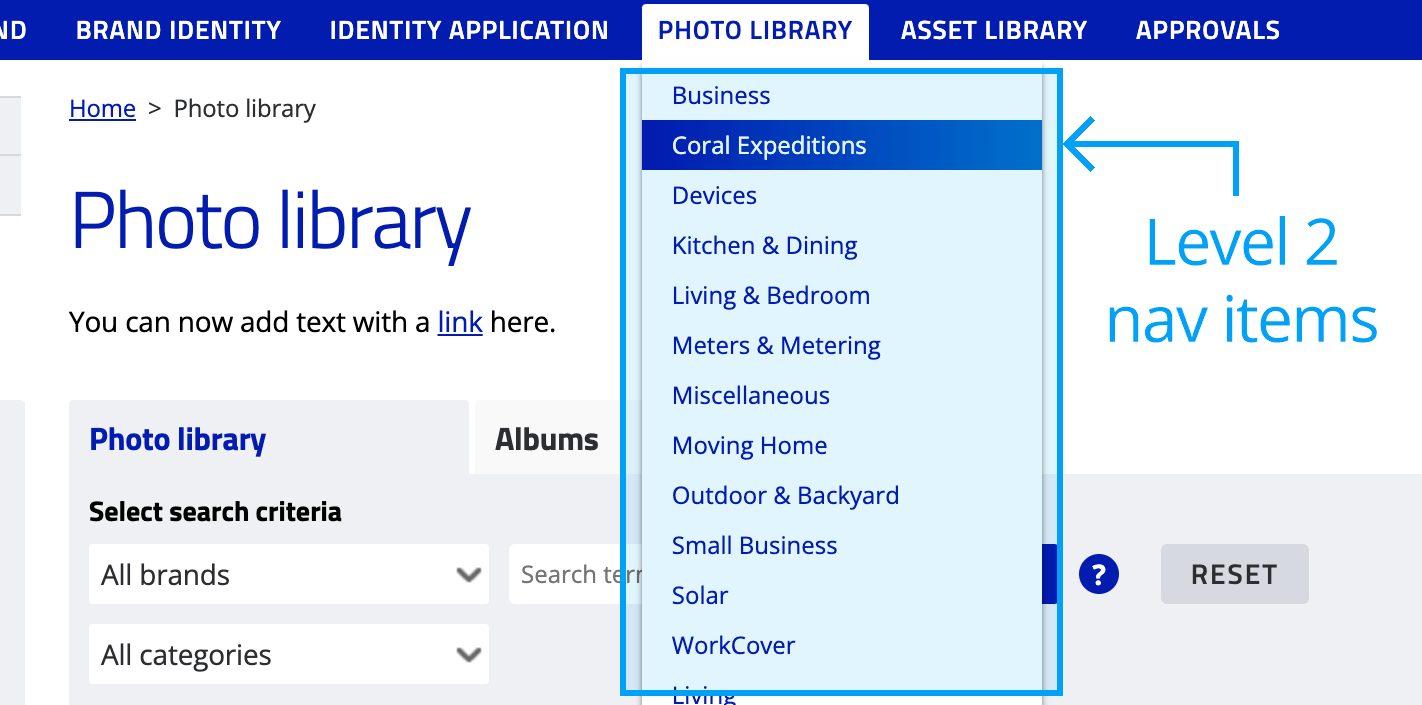 Photo library main navigation level two items