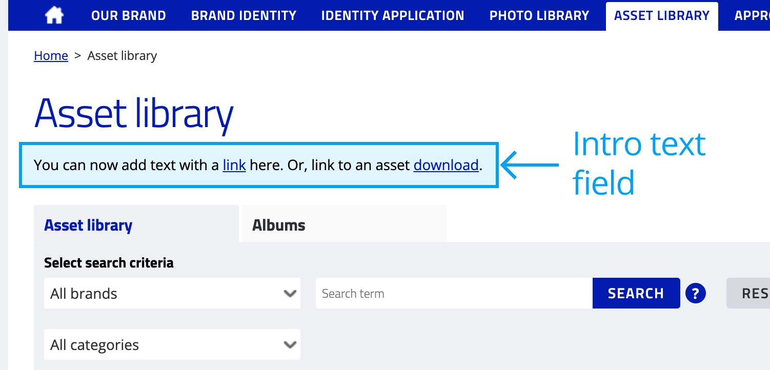 Asset library intro field