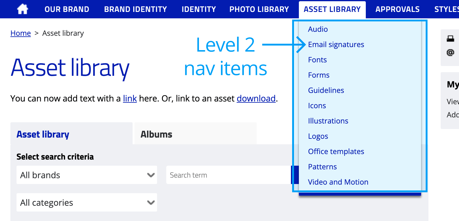 Asset library main navigation level two items