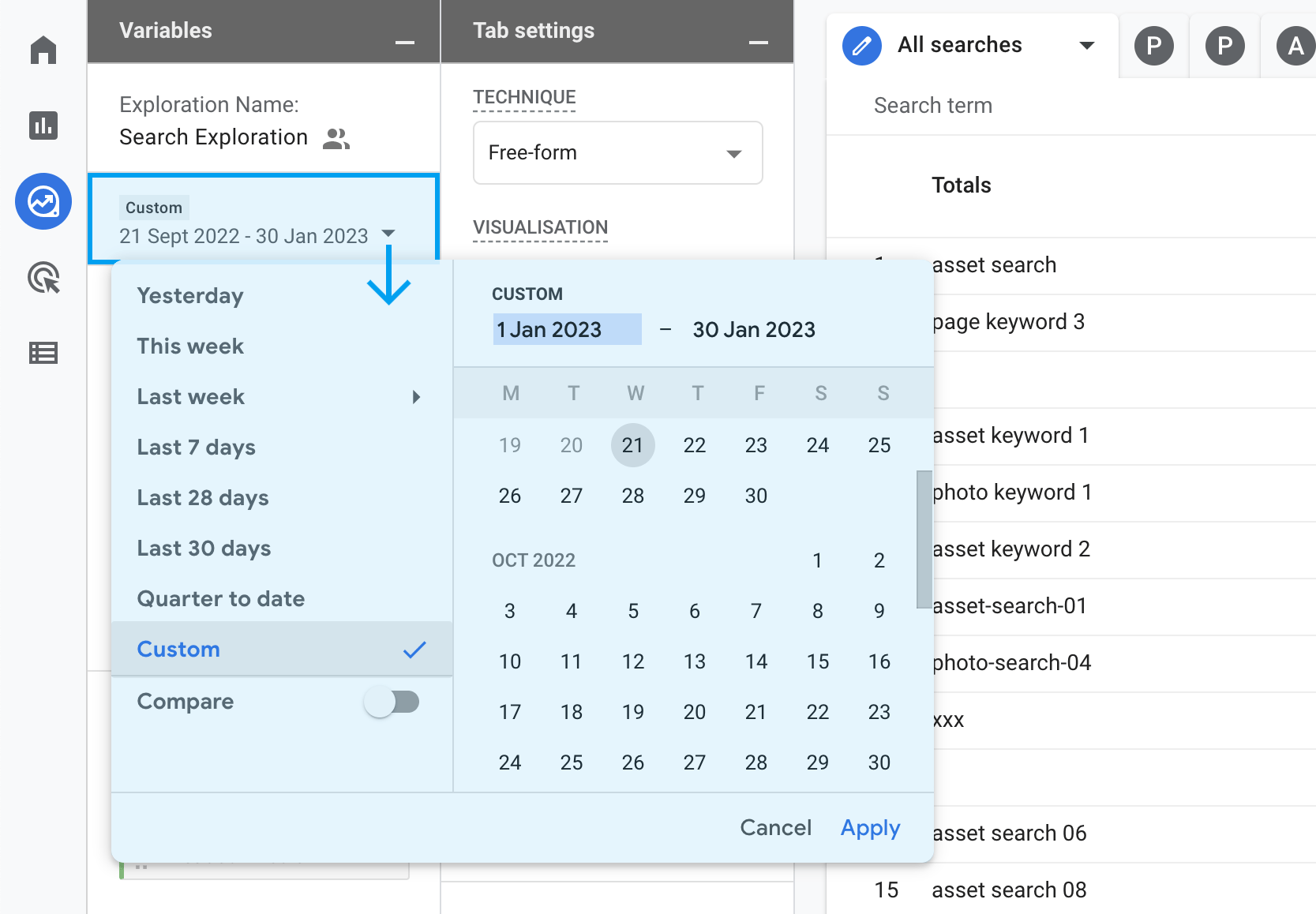 Reporting Exploration date picker