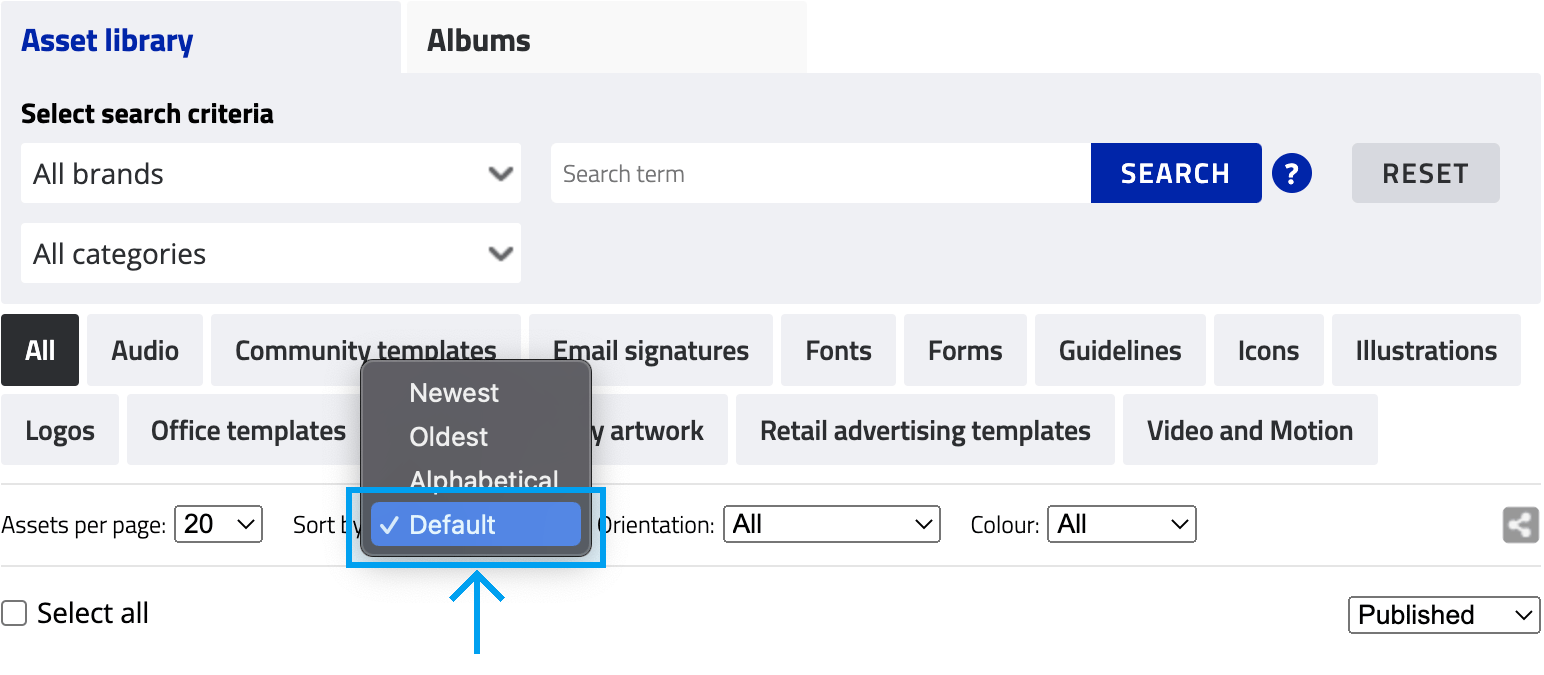 Asset Library frontend sort menu