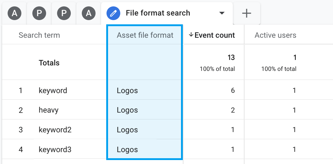 File format search - Assets column