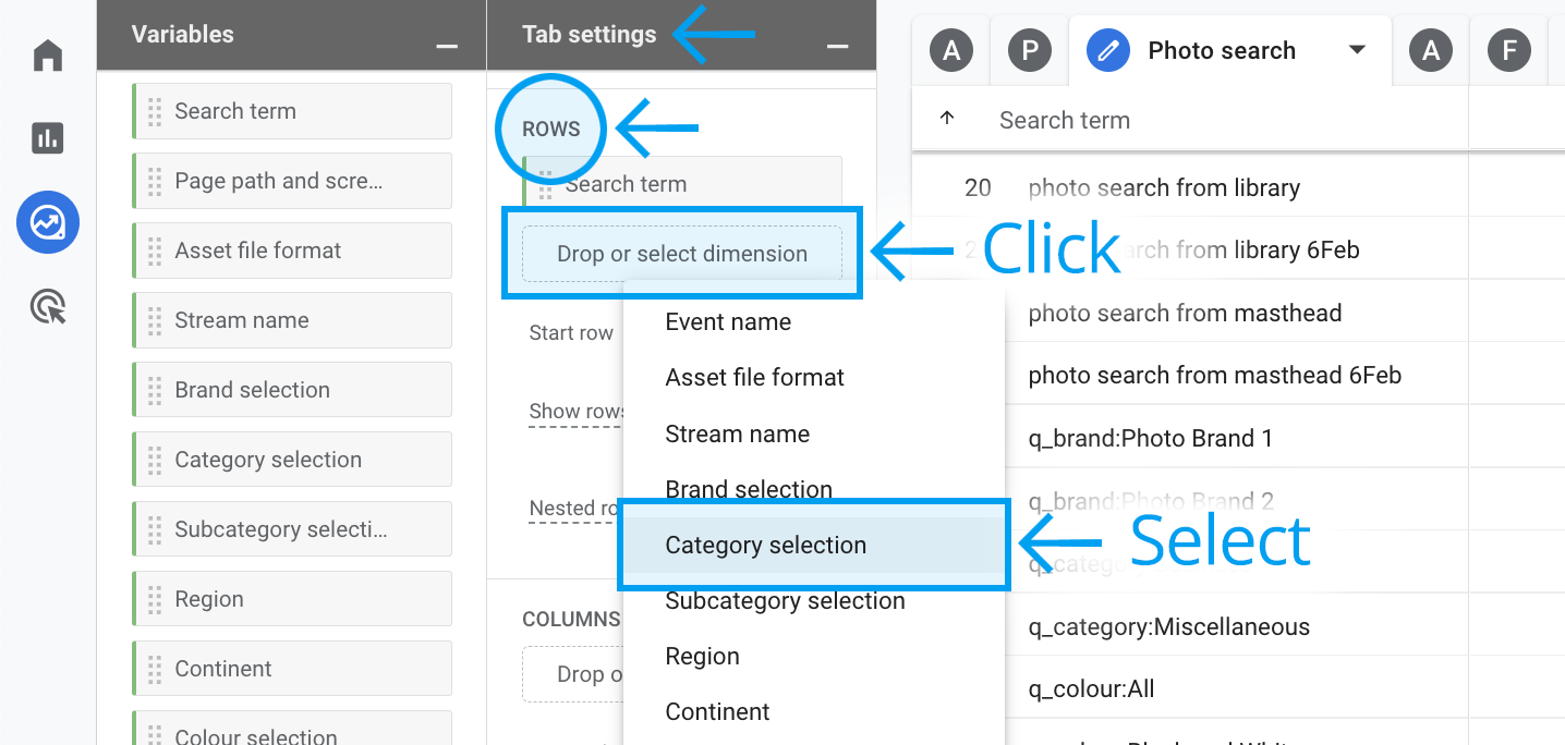 Select add dimension button and select category