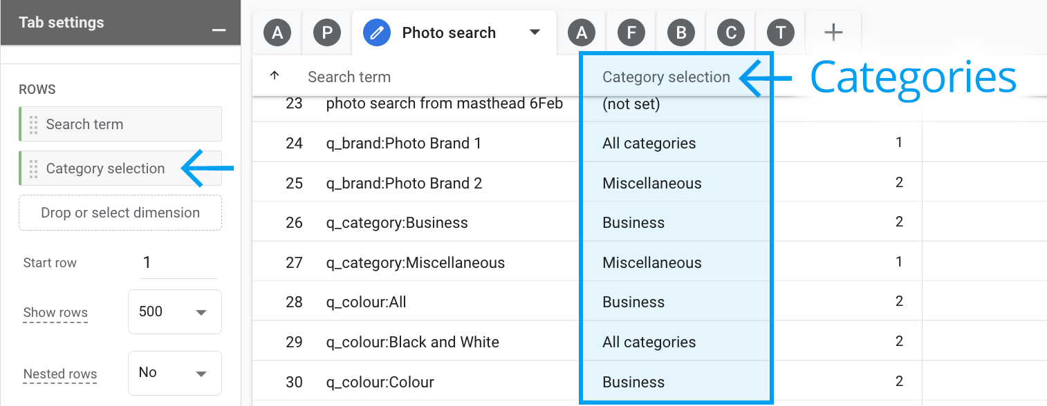 Photo category search selection