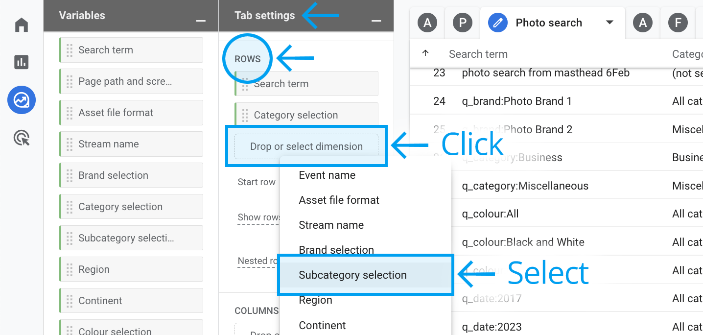 Select subcategory dimension