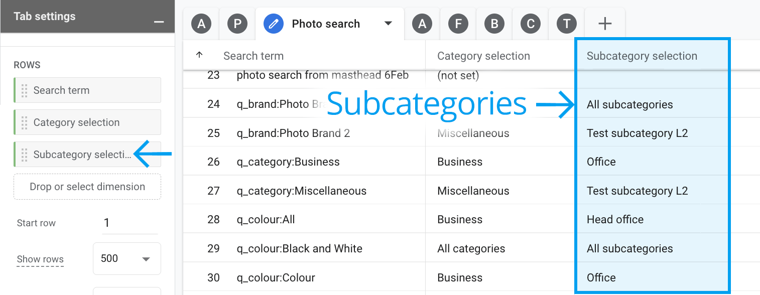 Subcategory selection column