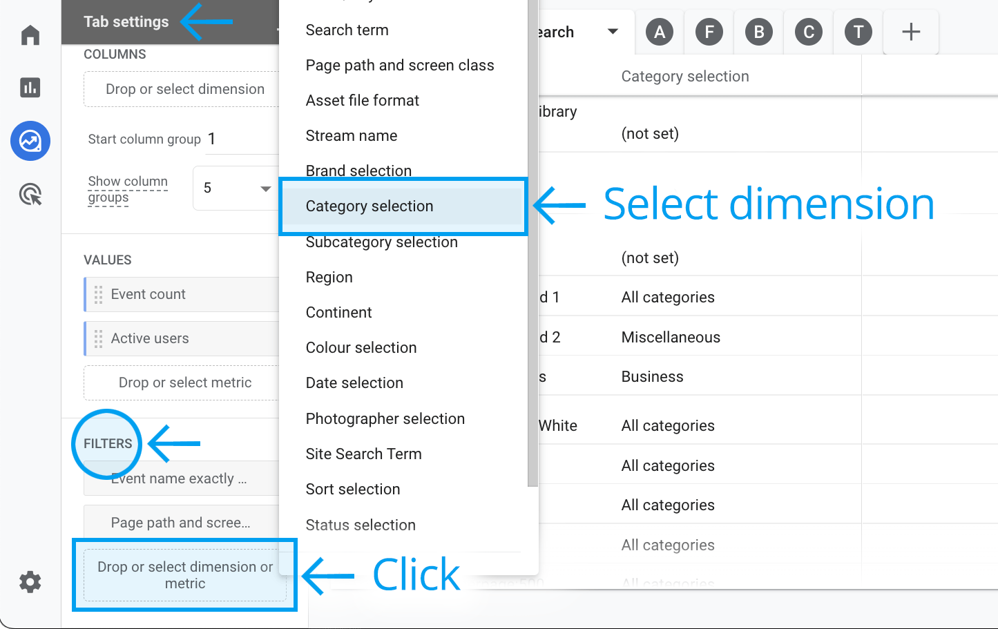 Photo category dimension selection