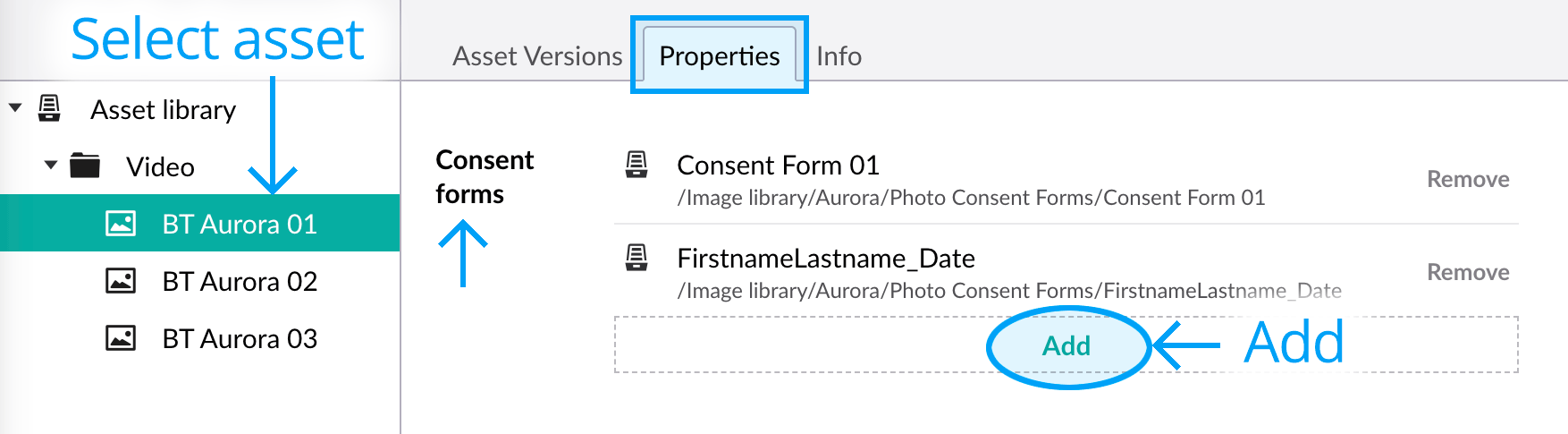Assign consent forms to assets - Add forms
