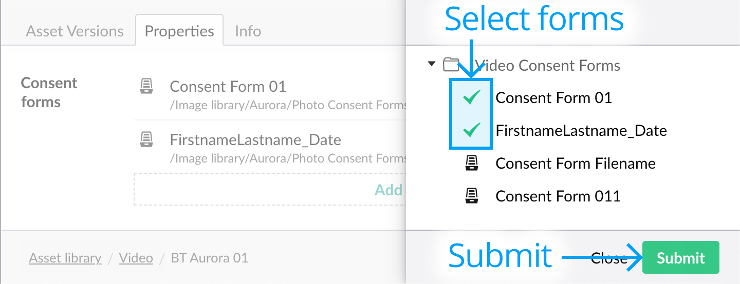 Assign consent forms to assets - Select forms