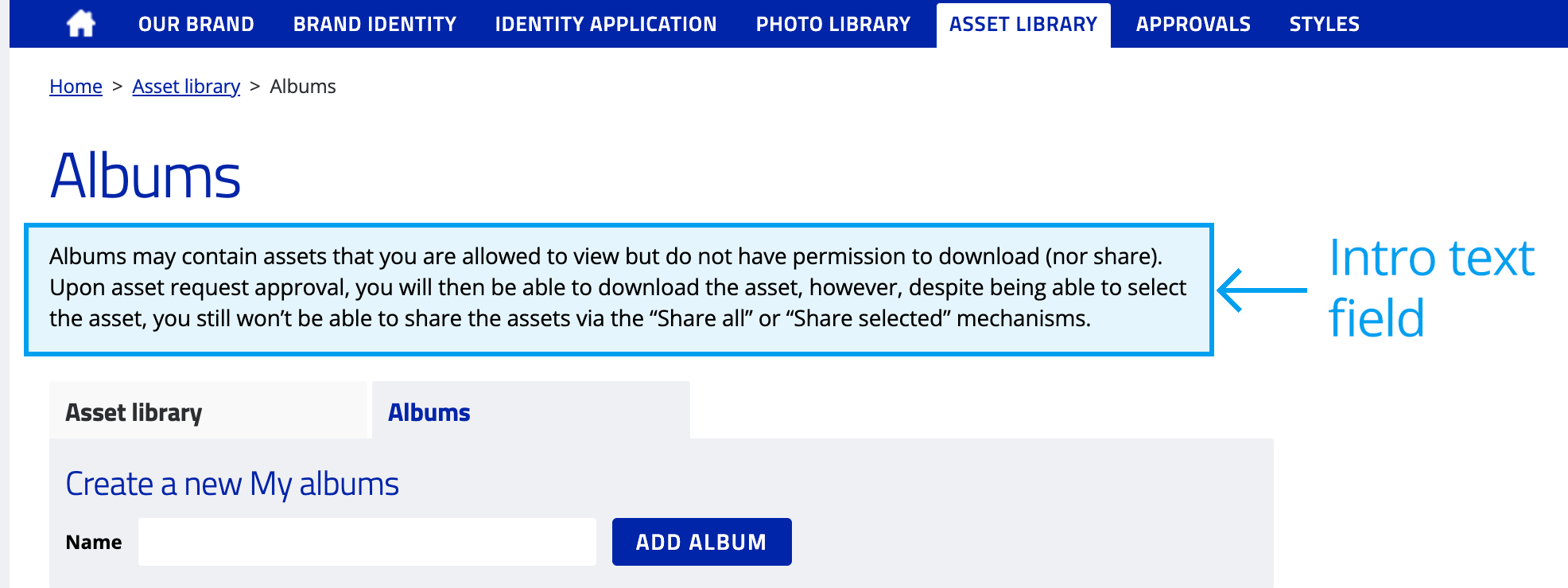 Asset library albums intro text field