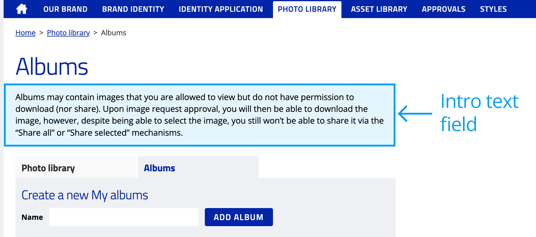 Photo library albums intro text field