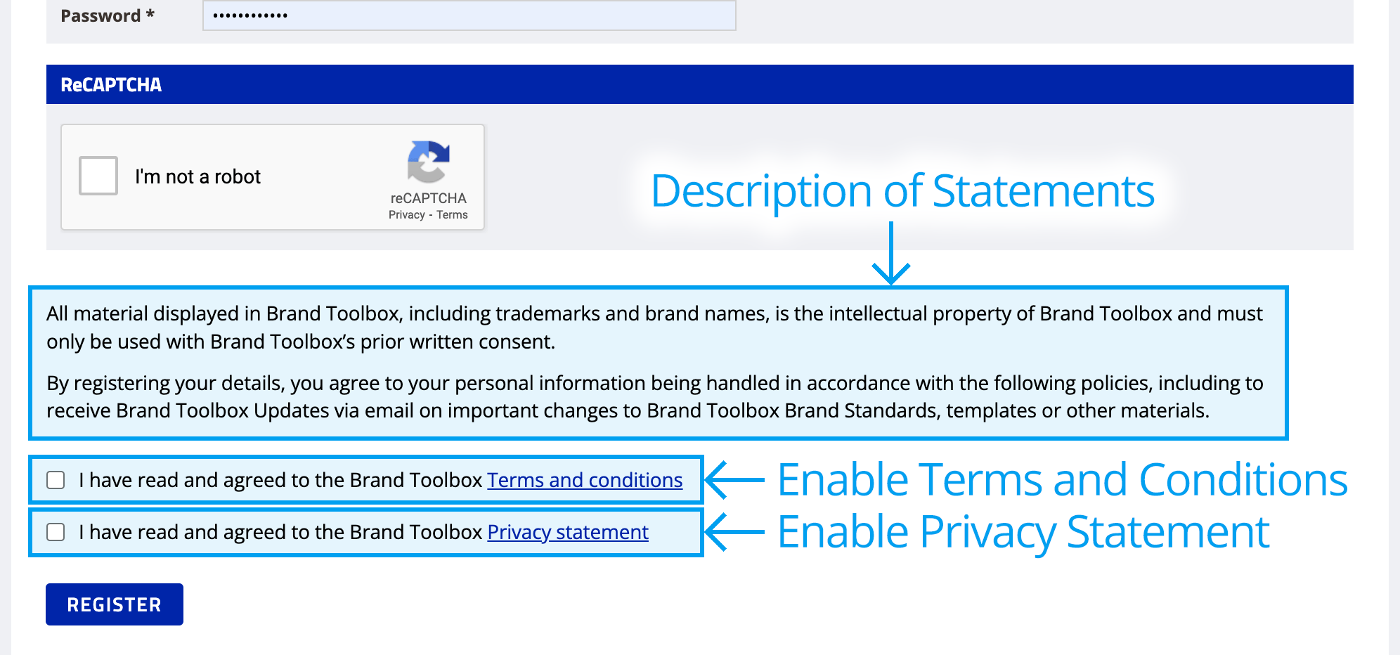 Agreeing to terms and conditions on the registration form