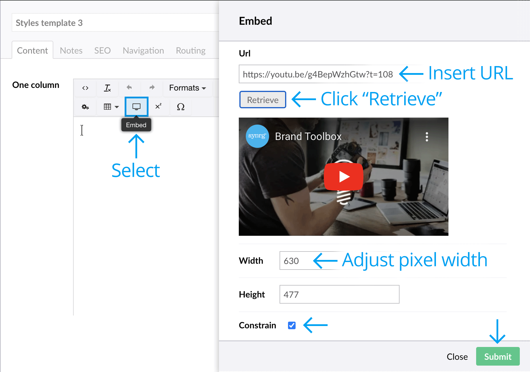 Embed YouTube or Vimeo video into the rich text editor