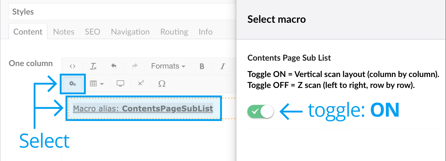 Toggle on the contents page sublist macro