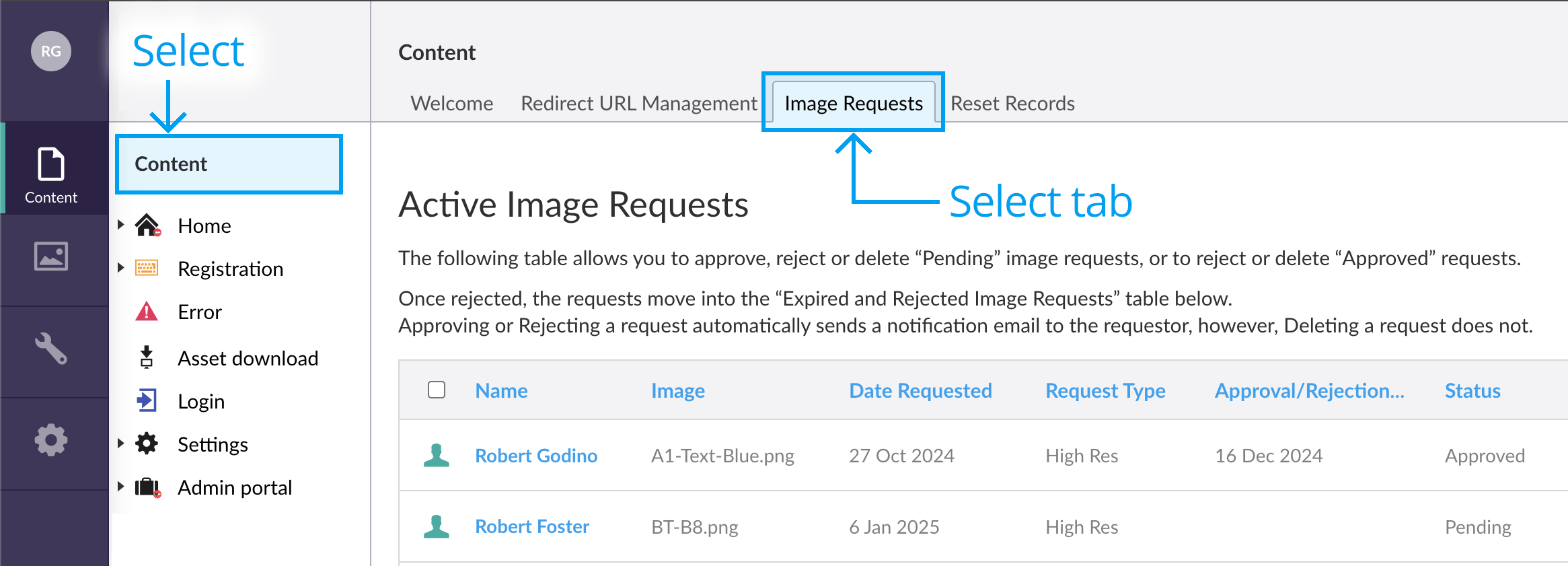 Image requests lists section