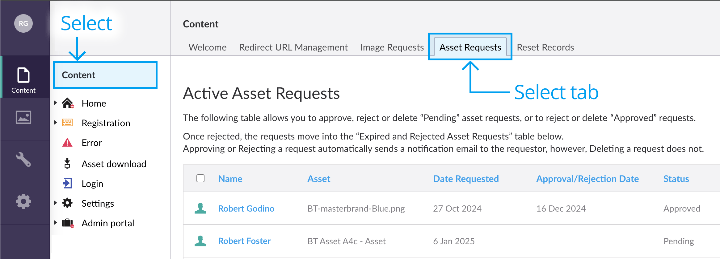 Asset requests lists section