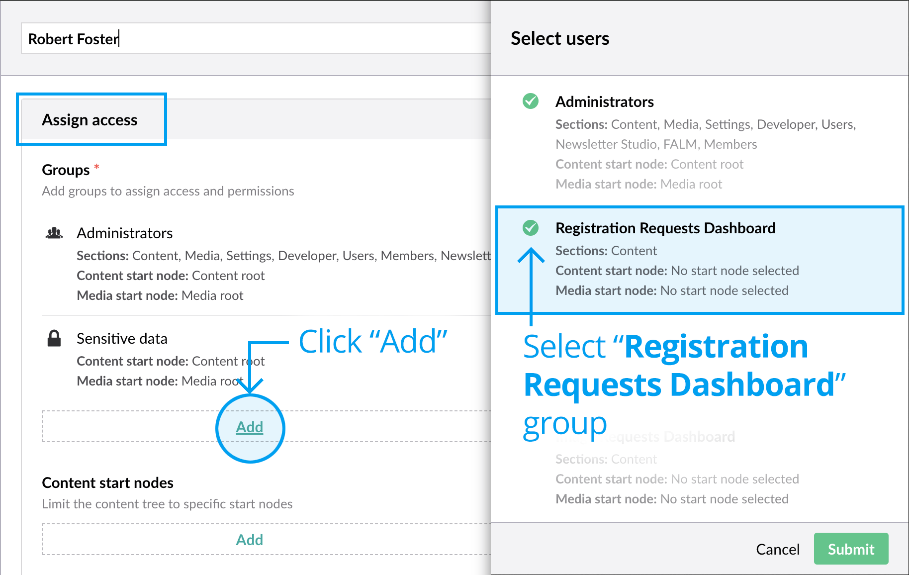 Select registration requests dashboard user group