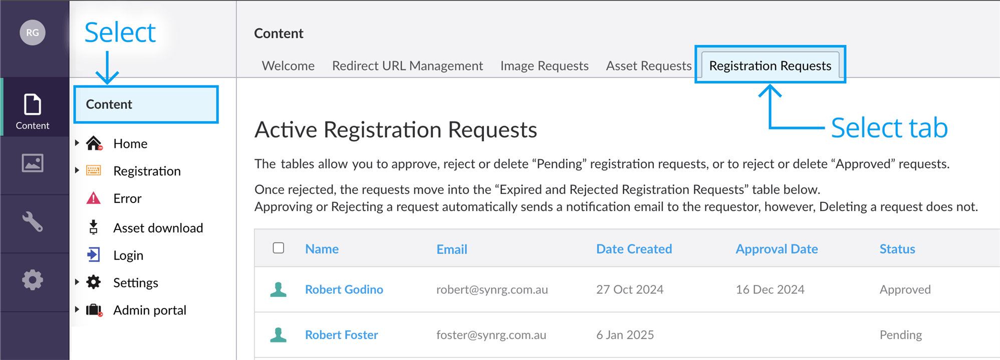 Registration requests lists section