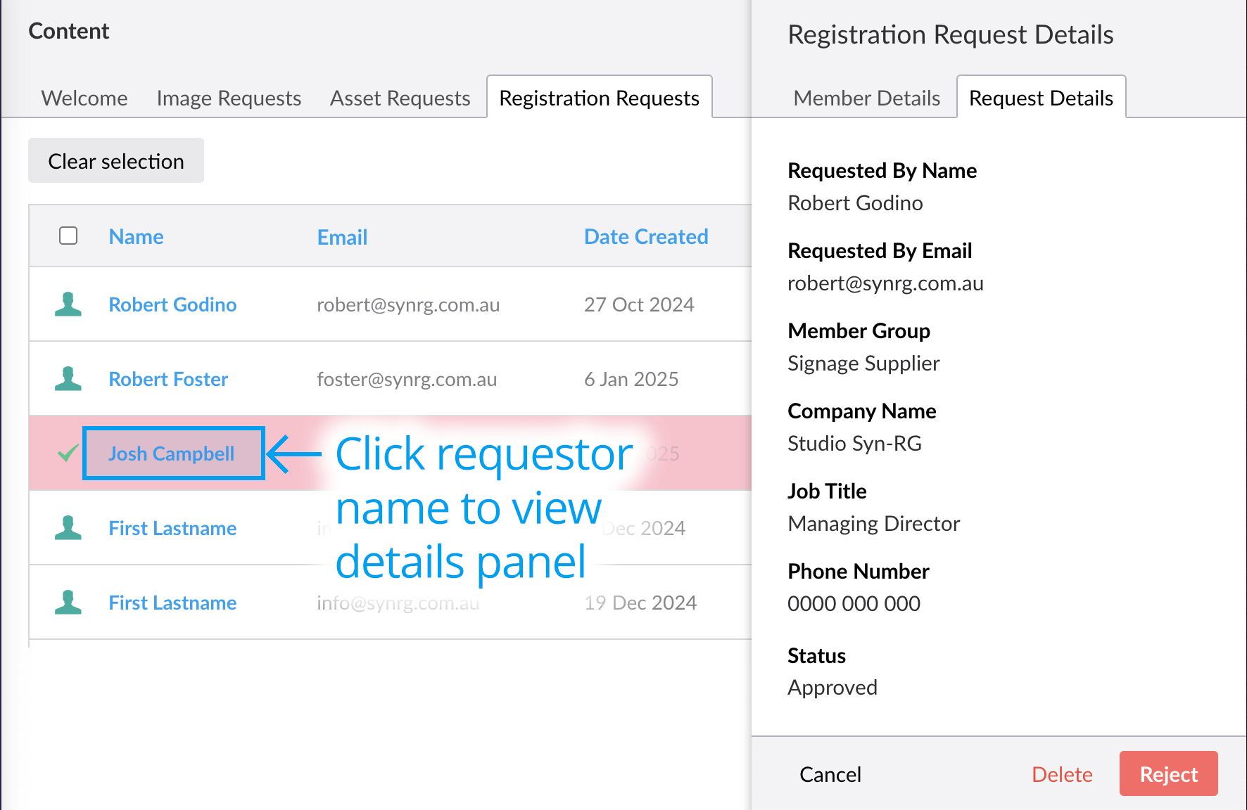 Registration request details